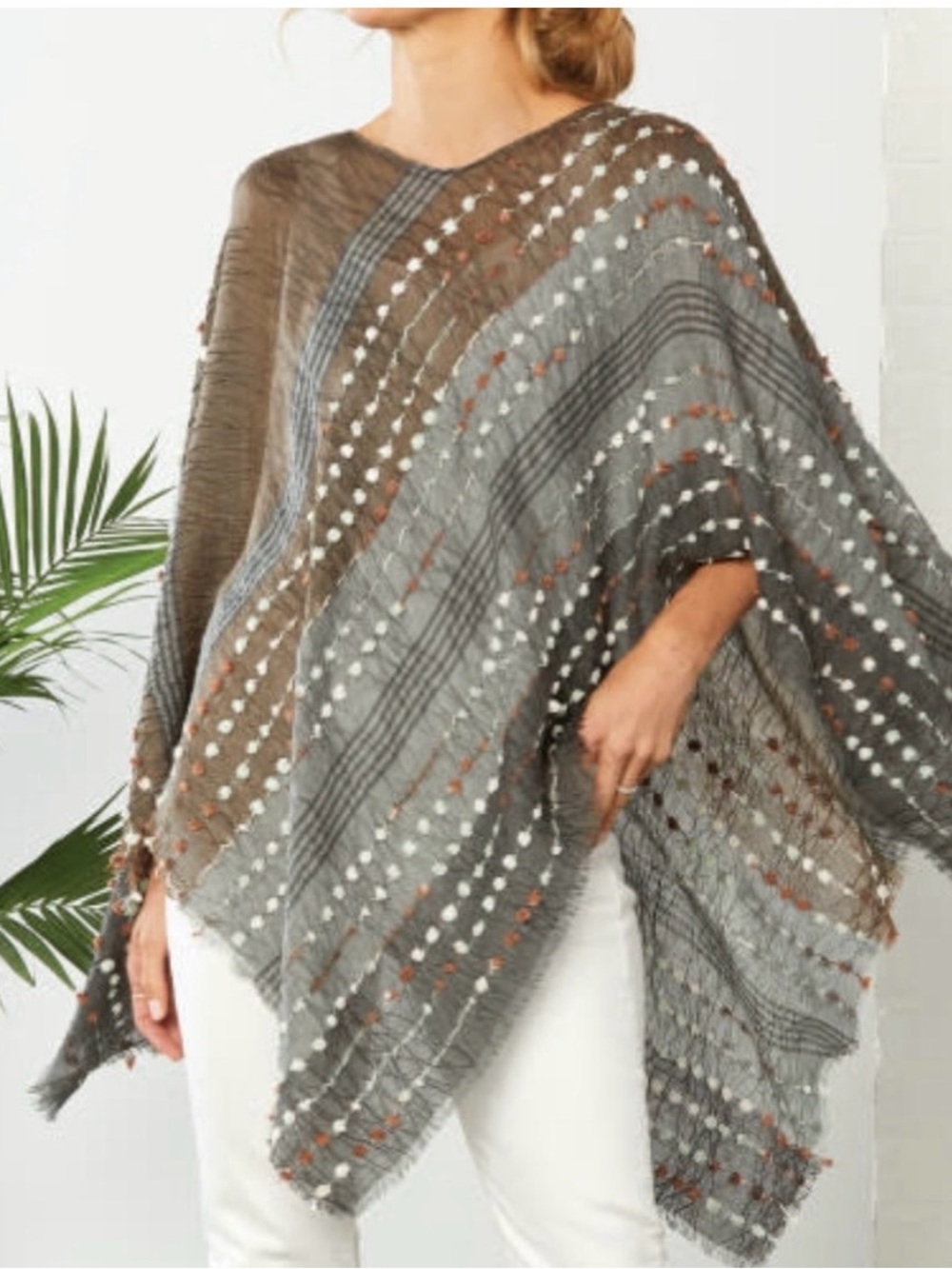 Demdaco Lightweight Neutral Pom-Trim Striped Throw Poncho Beige/Gray Cottagecore